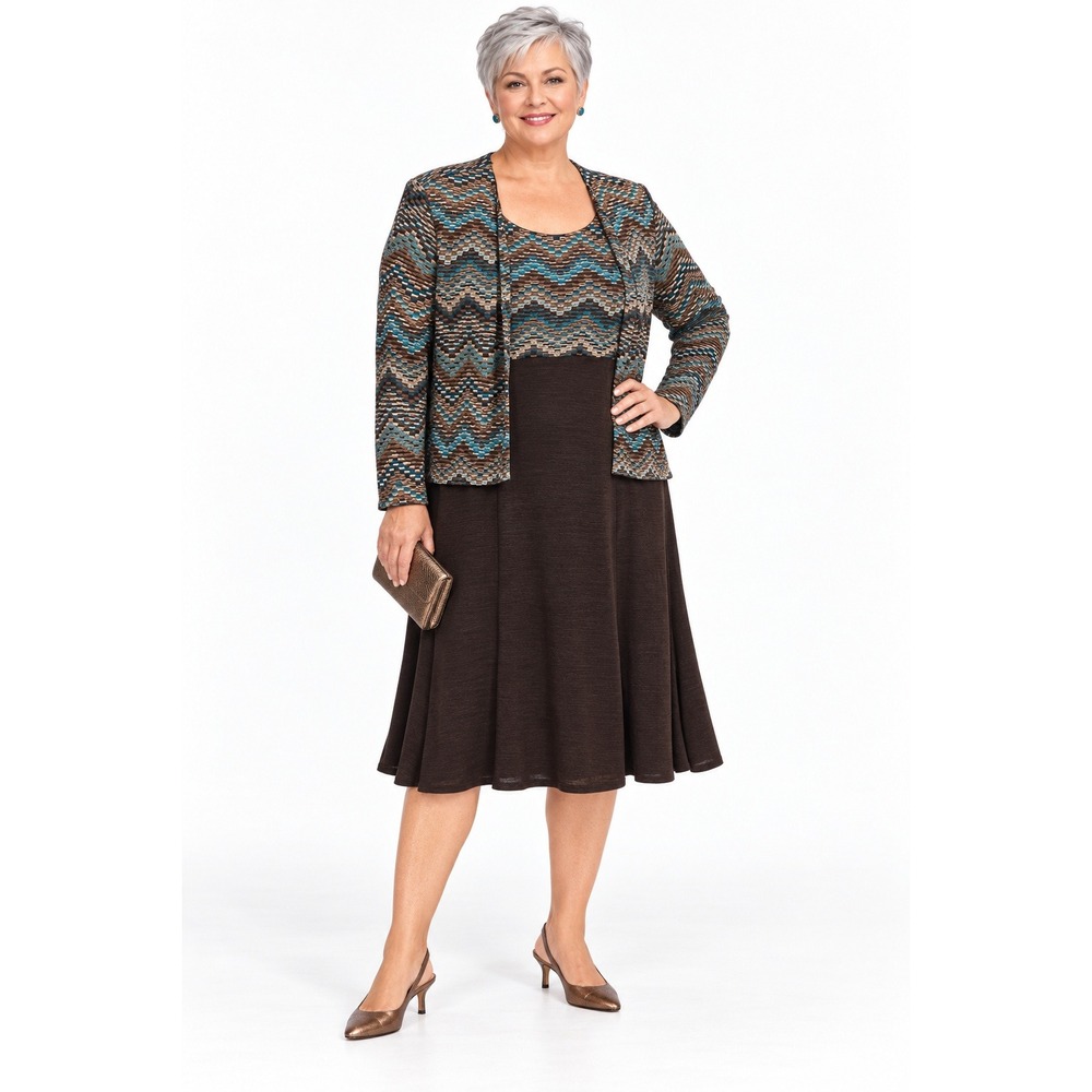 Brown Teal Chevron 2 Piece Jacket Dress Set Size 18 Retro Occasion Eclectic